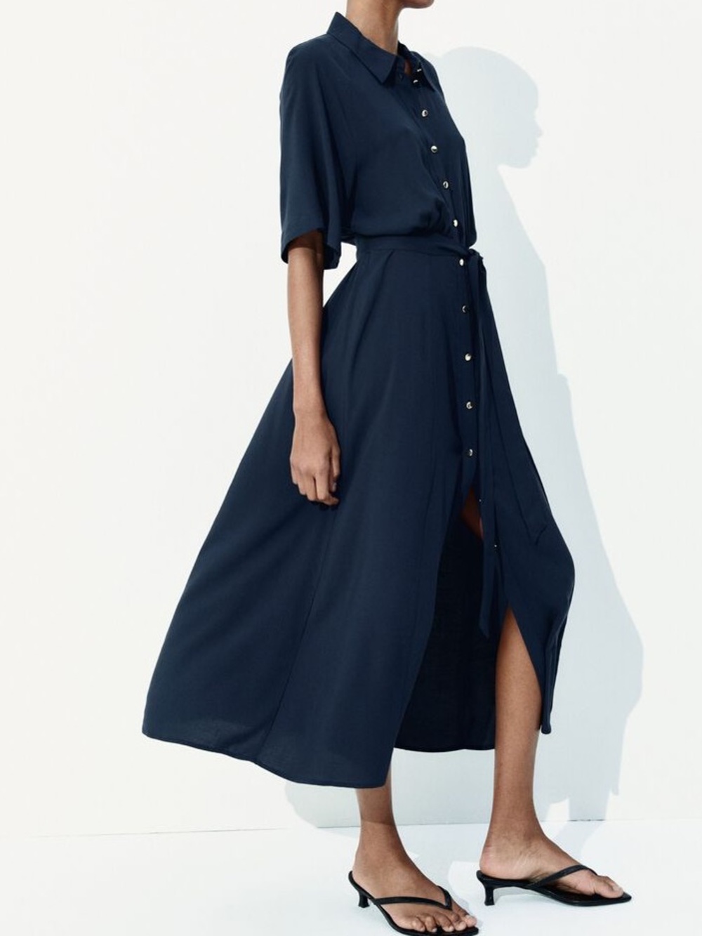 H&M Conscious Womens XL Navy Maxi Shirt Dress Belted Gold Button Viscose